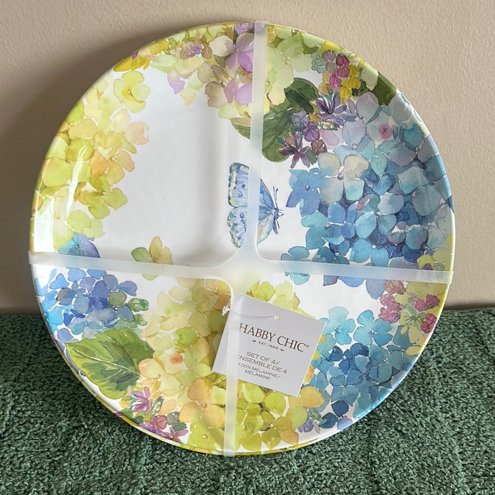 Shabby Chic Melamine Dinner Plates Floral Butterfly 🦋 Set of 4 NEW